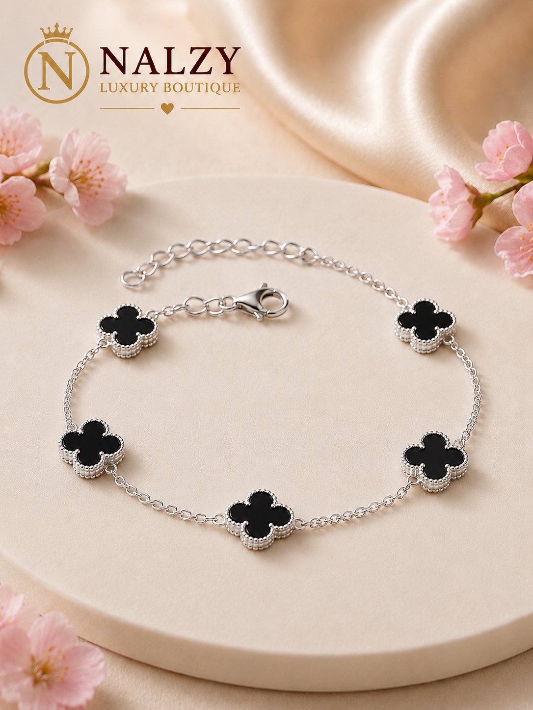 Pulsera de Tréboles Negros en Plata Italiana 925