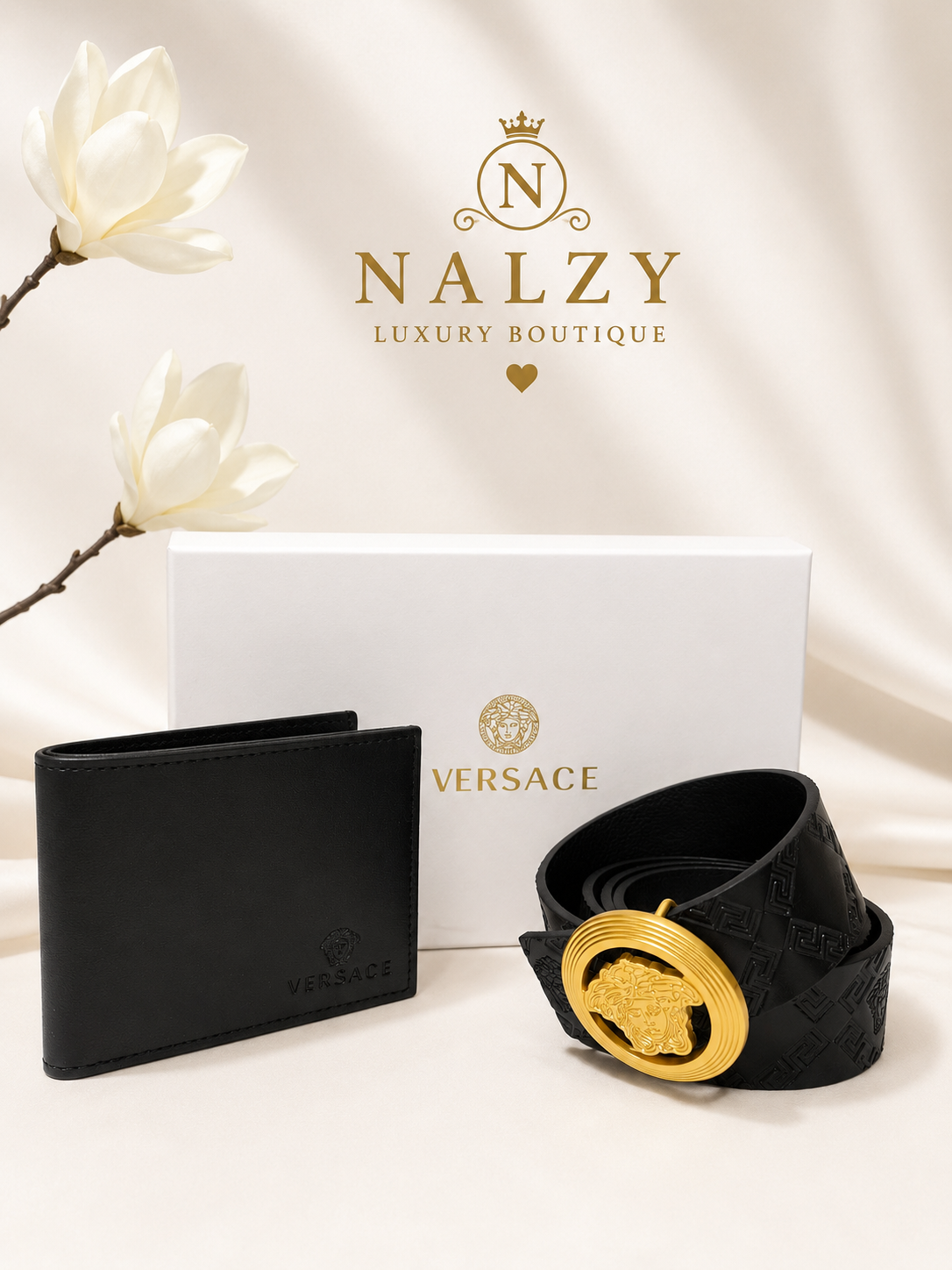 Set Premium para Caballero – Cartera y Cinturón Negro con Hebilla Dorada Estilo Luxury