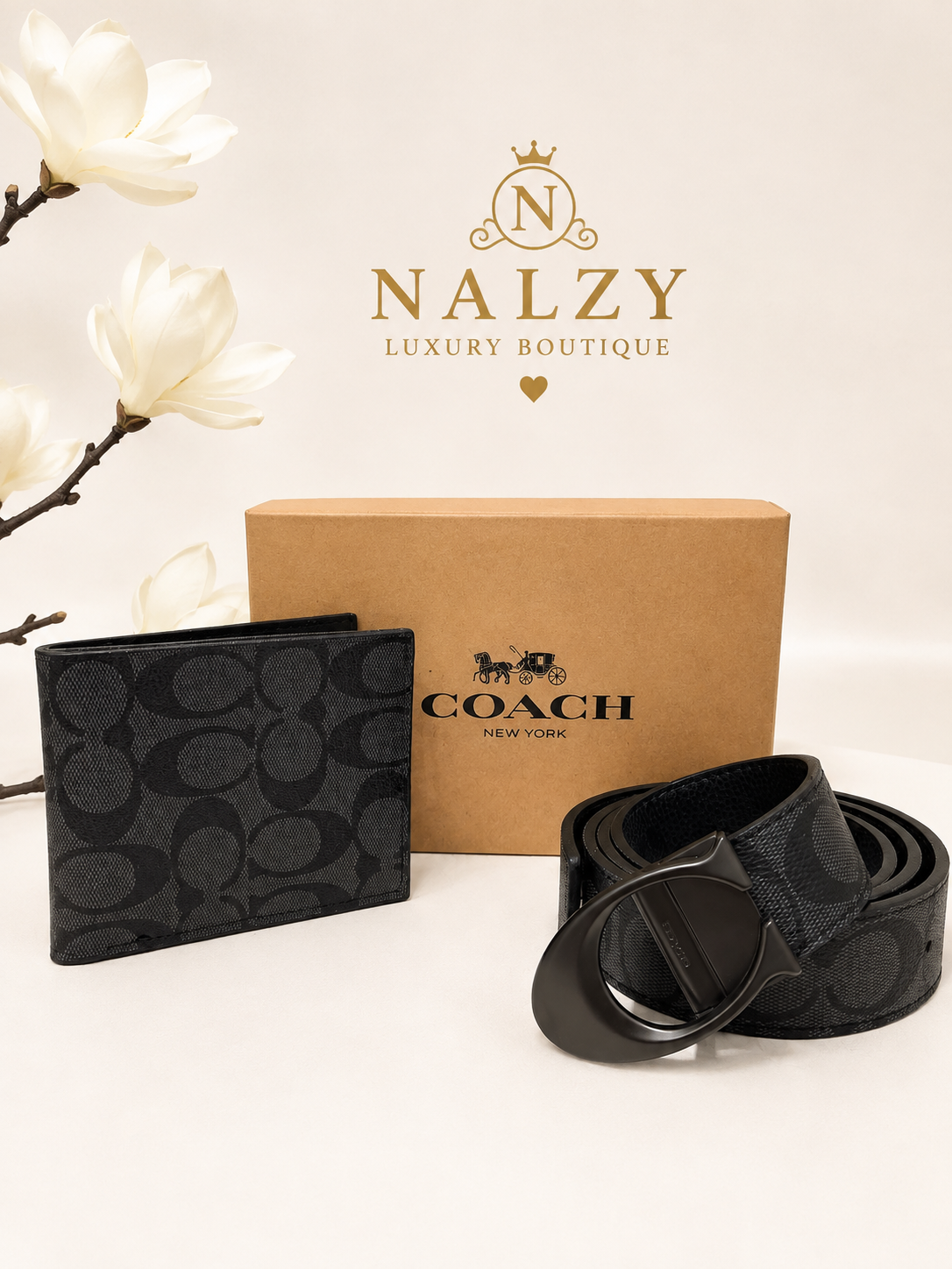 Set Premium para Caballero – Cartera y Cinturón Negro con Diseño Monograma Estilo Luxury