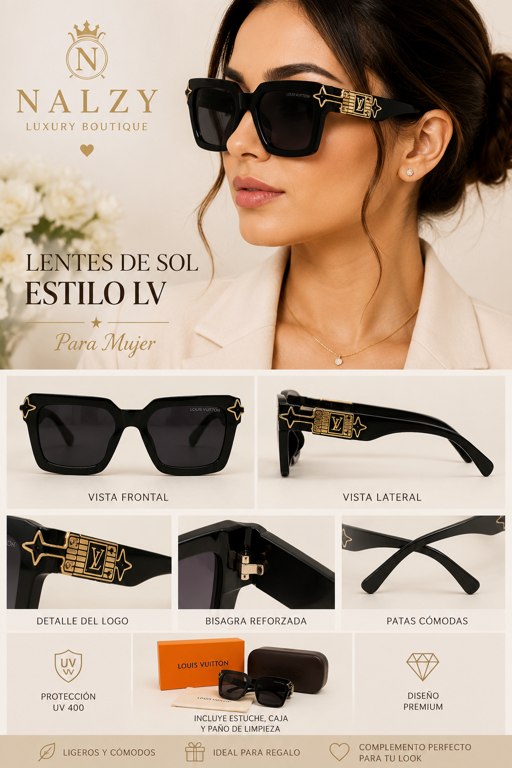 Lentes de Sol Fashion Estilo LV Oversized para Mujer | Negro con Detalles Dorados
