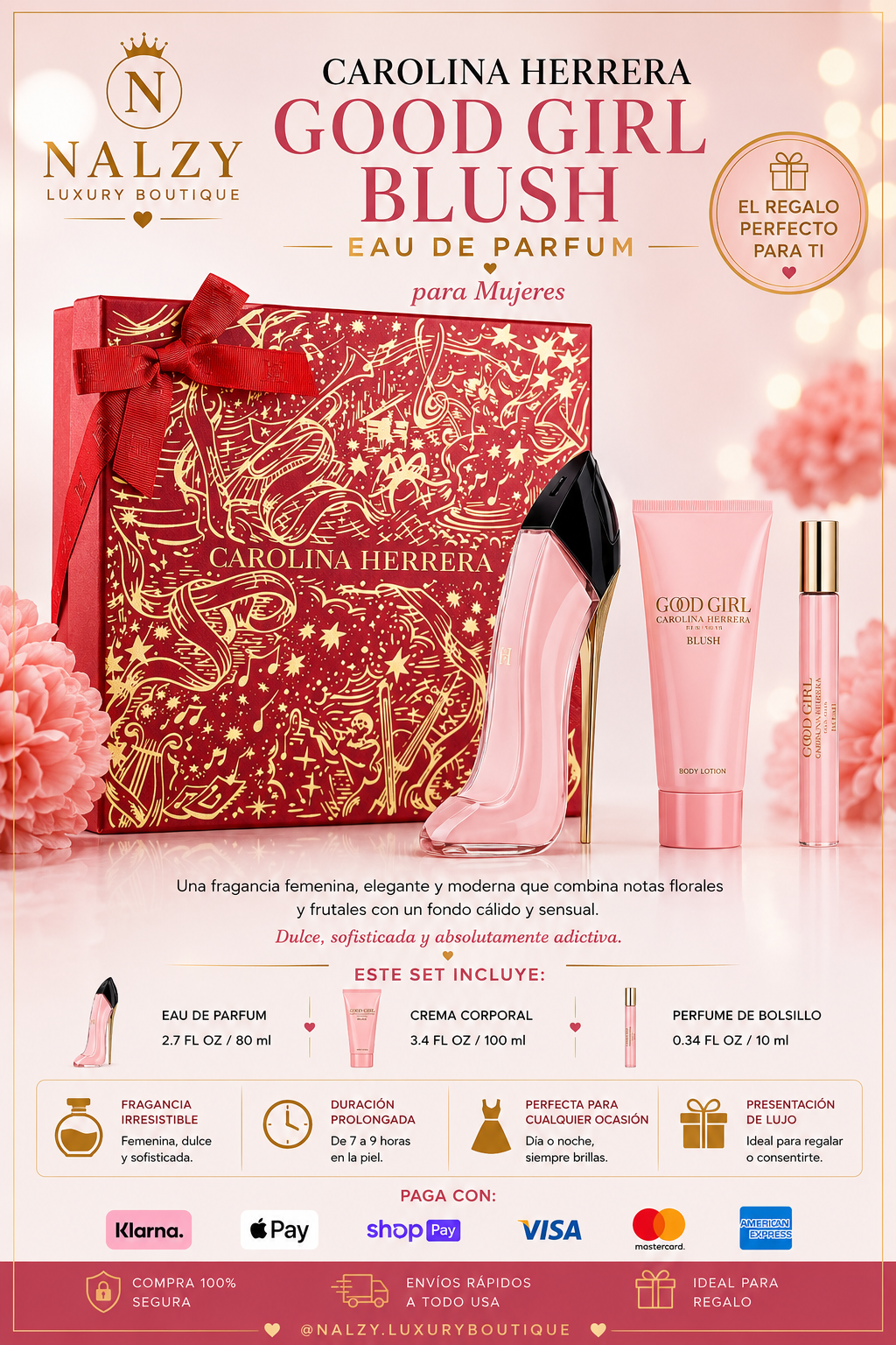 Carolina Herrera Good Girl Blush Set 3 Piezas para Mujer – Eau de Parfum 2.7 oz + Body Lotion + Perfume Travel Size