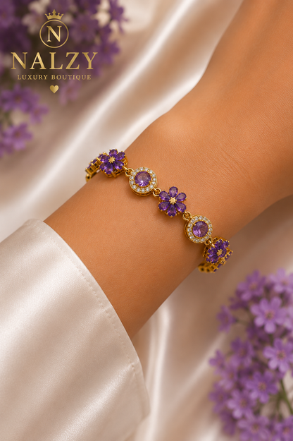 Brazalete Floral de Oro Laminado con Zirconias Rosas | Ajustable