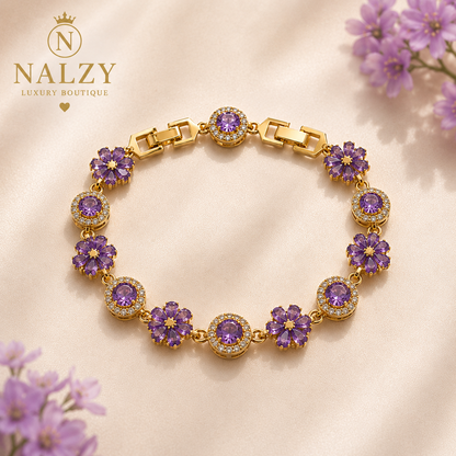 Brazalete Floral de Oro Laminado con Zirconias Rosas | Ajustable
