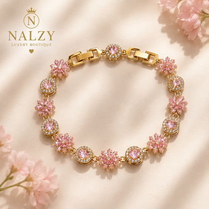 Brazalete Floral de Oro Laminado con Zirconias Rosas | Ajustable