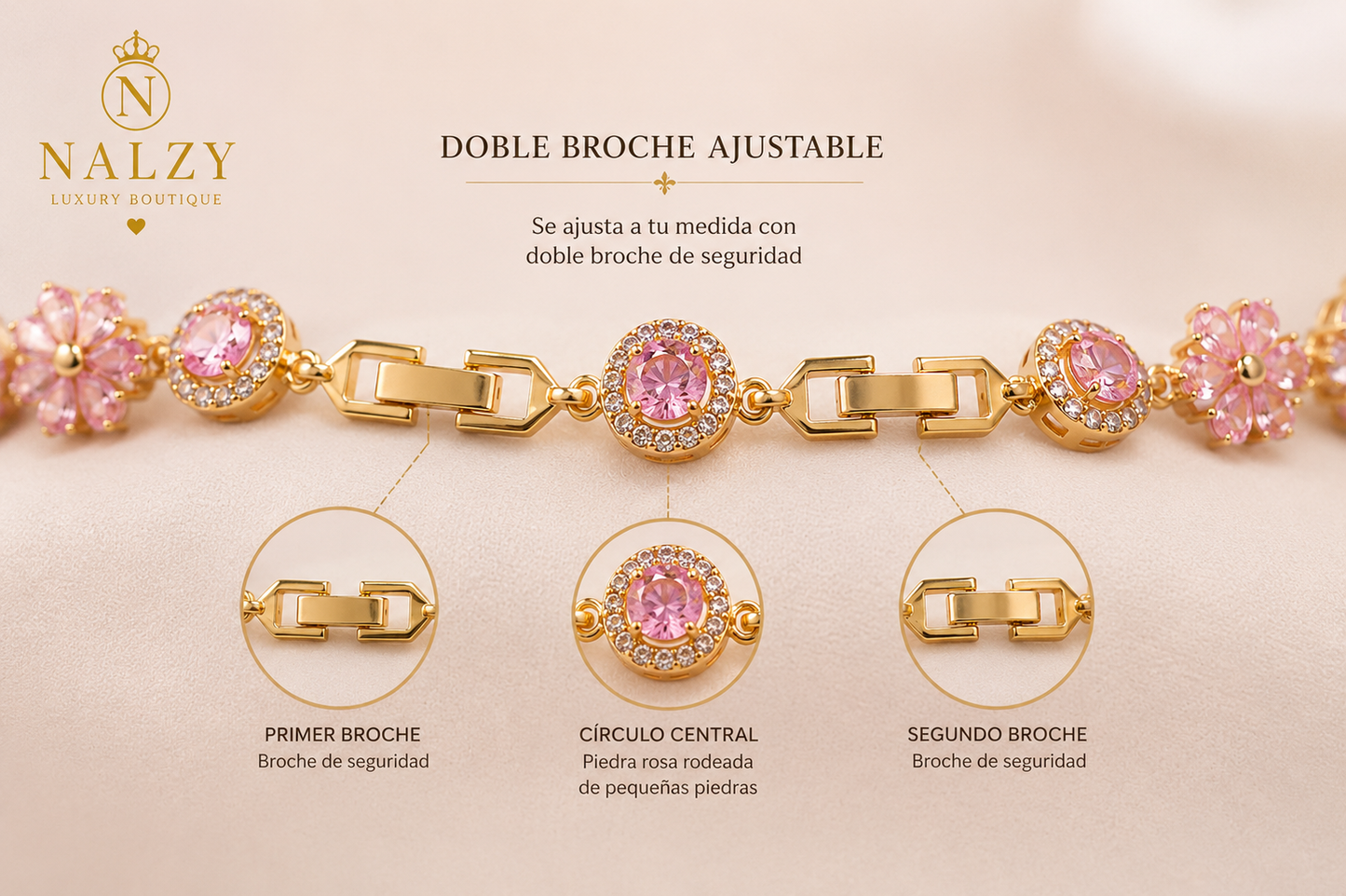 Brazalete Floral de Oro Laminado con Zirconias Rosas | Ajustable