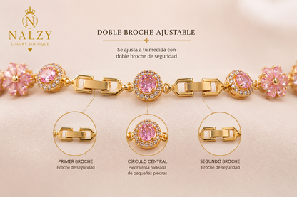 Brazalete Floral de Oro Laminado con Zirconias Rosas | Ajustable