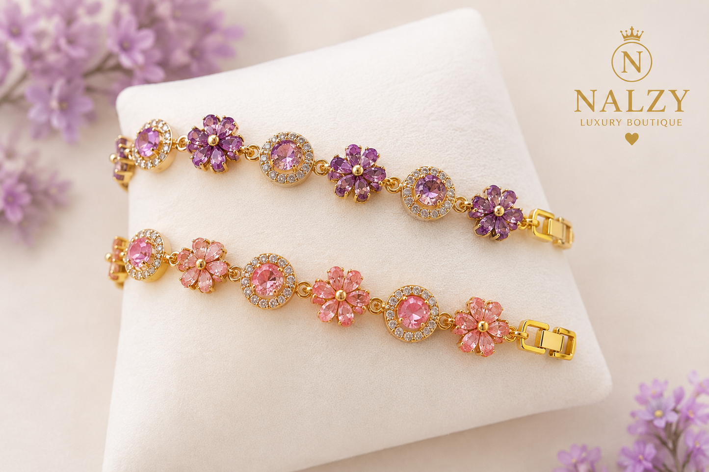 Brazalete Floral de Oro Laminado con Zirconias Rosas | Ajustable