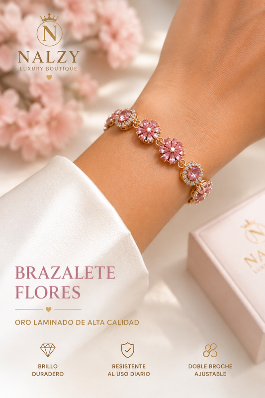 Brazalete Floral de Oro Laminado con Zirconias Rosas | Ajustable