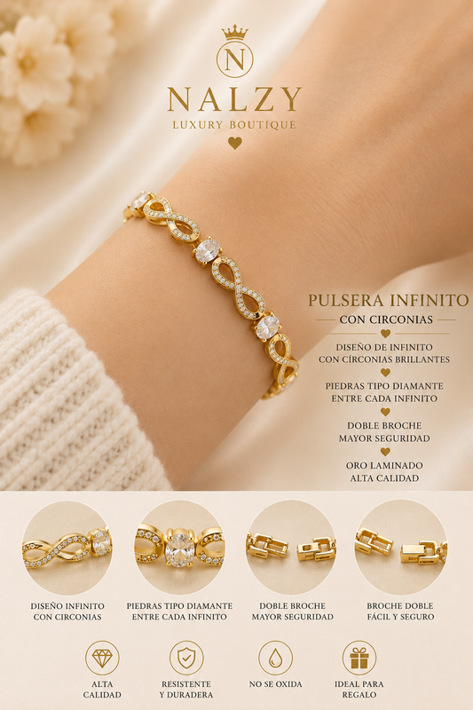 Pulsera Infinito con Circonias | Oro Laminado | Doble Broche Ajustable