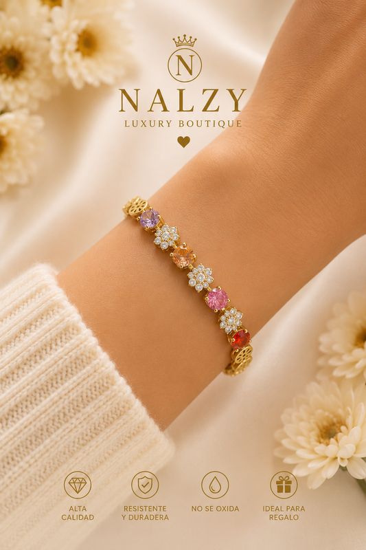 Brazalete Floral Multicolor Oro Laminado | Circonias Premium | Doble Broche Ajustable