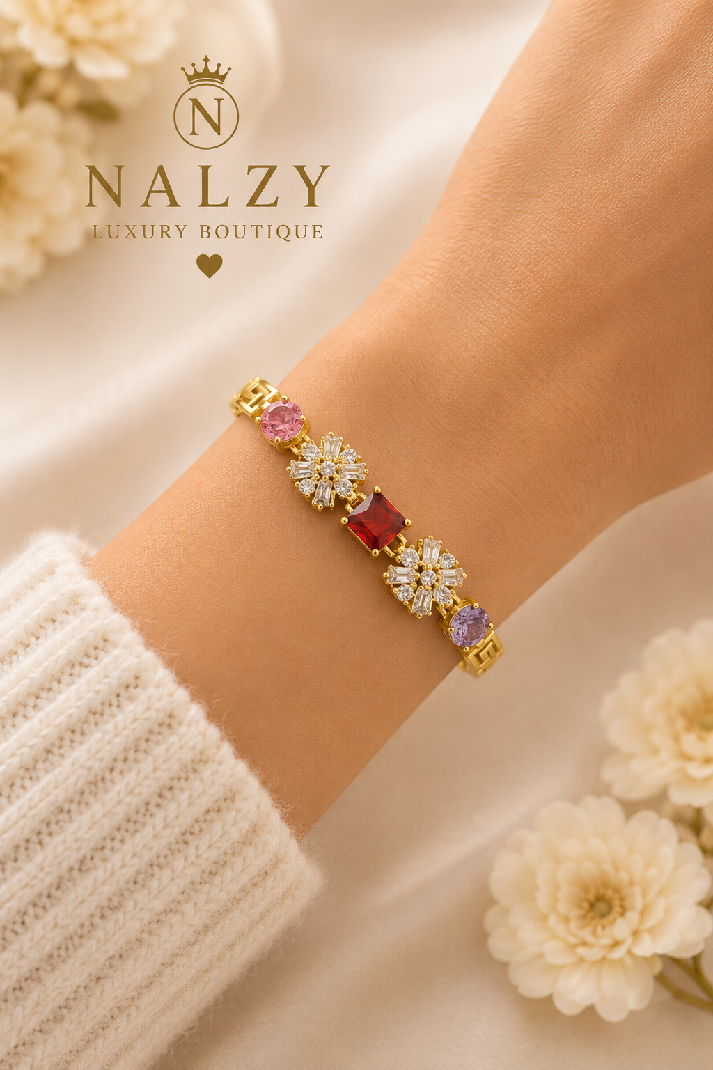 Brazalete Floral Multicolor Oro Laminado | Circonias Premium | Doble Broche Ajustable