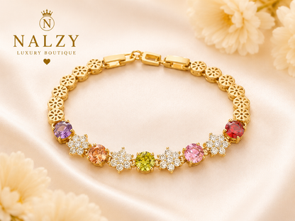 Brazalete Floral Multicolor Oro Laminado | Circonias Premium | Doble Broche Ajustable