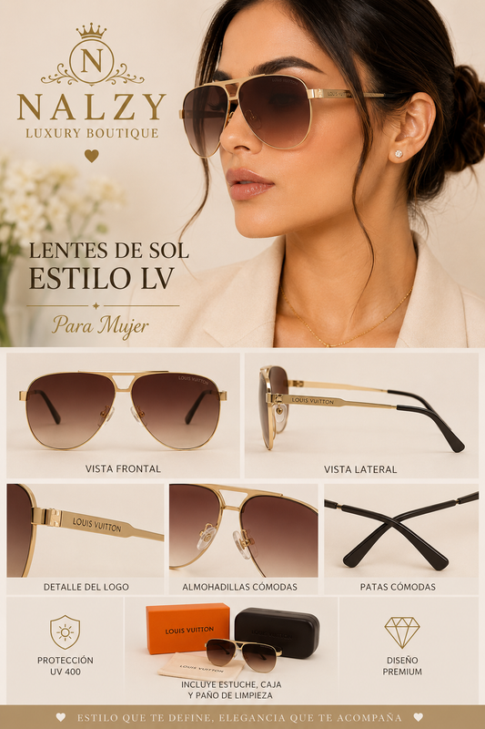 Lentes de Sol Estilo LV Aviador Dorados para Mujer – Café Degradado - Negro