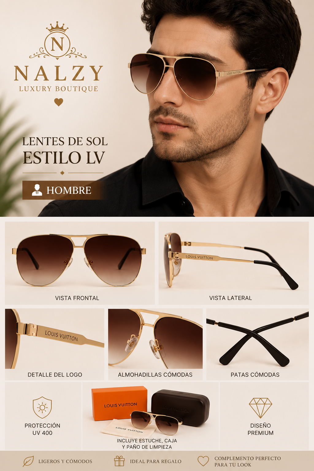 Lentes de Sol Estilo LV Aviador Dorados para Hombre – Café Degradado - Negro