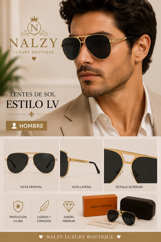 Lentes de Sol Estilo LV Aviador Dorados para Hombre – Café Degradado - Negro