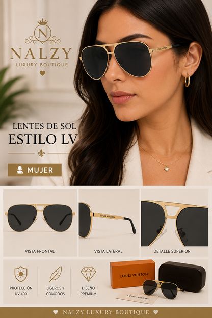 Lentes de Sol Estilo LV Aviador Dorados para Mujer – Café Degradado - Negro