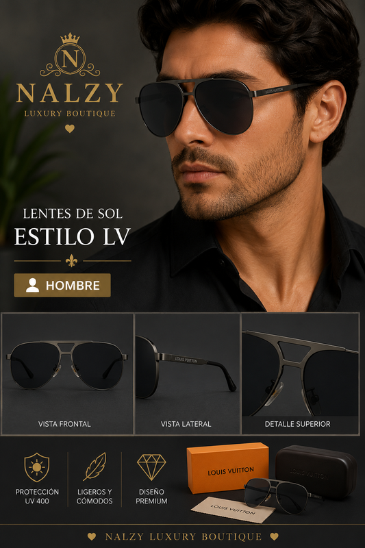 Lentes de Sol Estilo LV Aviador Premium – Negro Mate | Hombre