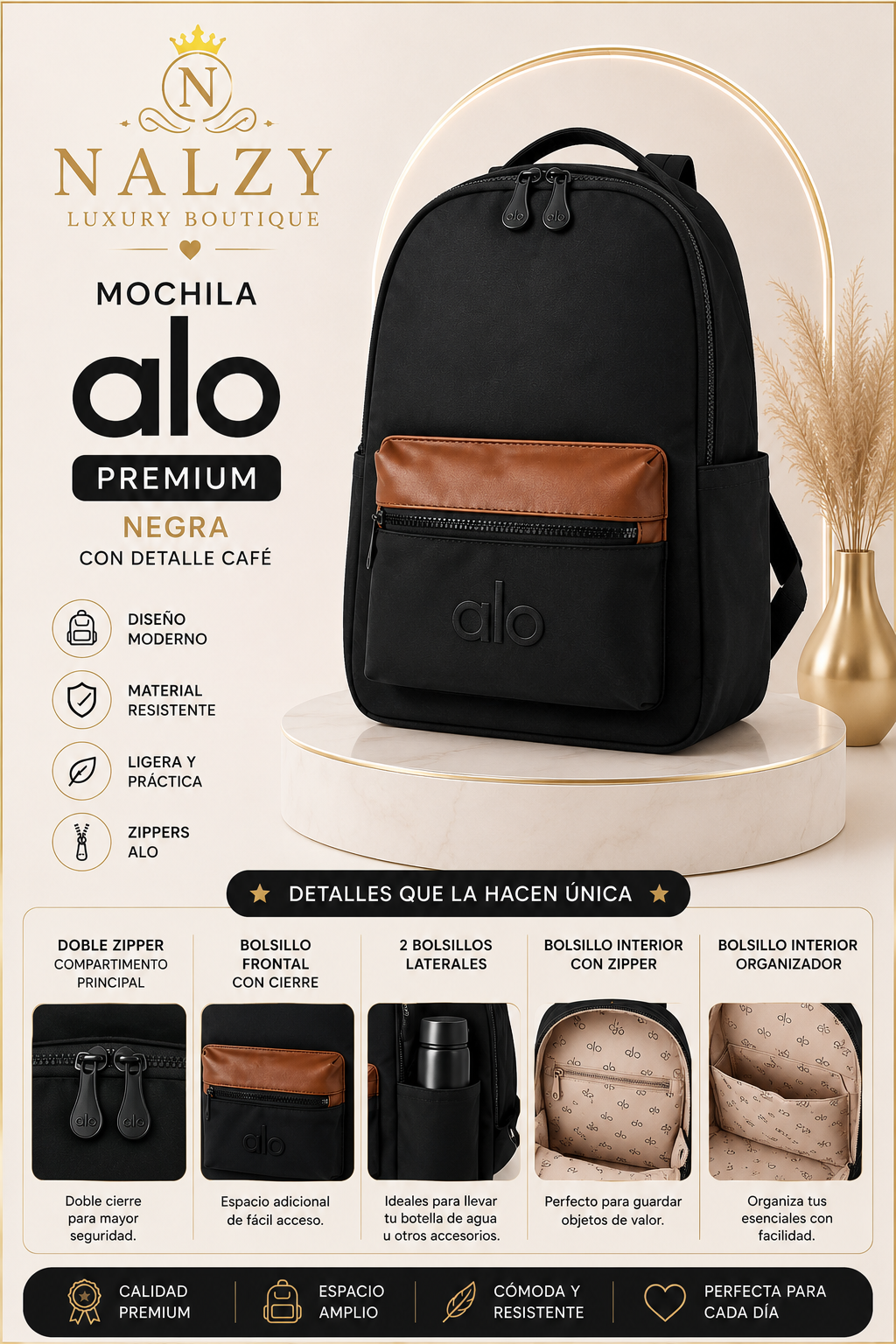 Mochila Alo Premium – Negro con Detalles Camel