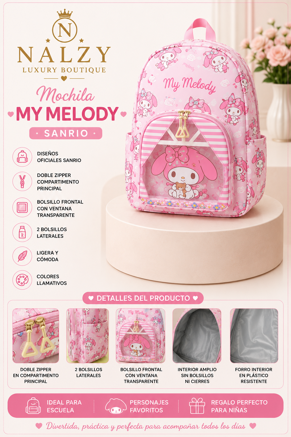 Mochila Infantil Sanrio con Ventana Transparente | Kuromi, My Melody y Cinnamoroll