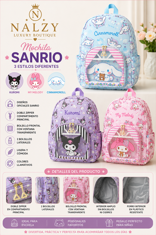 Mochila Infantil Sanrio con Ventana Transparente | Kuromi, My Melody y Cinnamoroll
