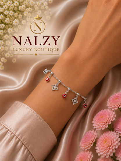 Pulsera de Plata 925 con Ojo Turco, Nudos de Bruja y Dijes Colgantes