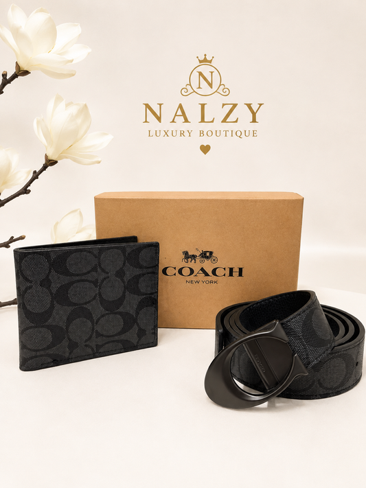 Set Premium para Caballero – Cartera y Cinturón Negro con Diseño Monograma Estilo Luxury